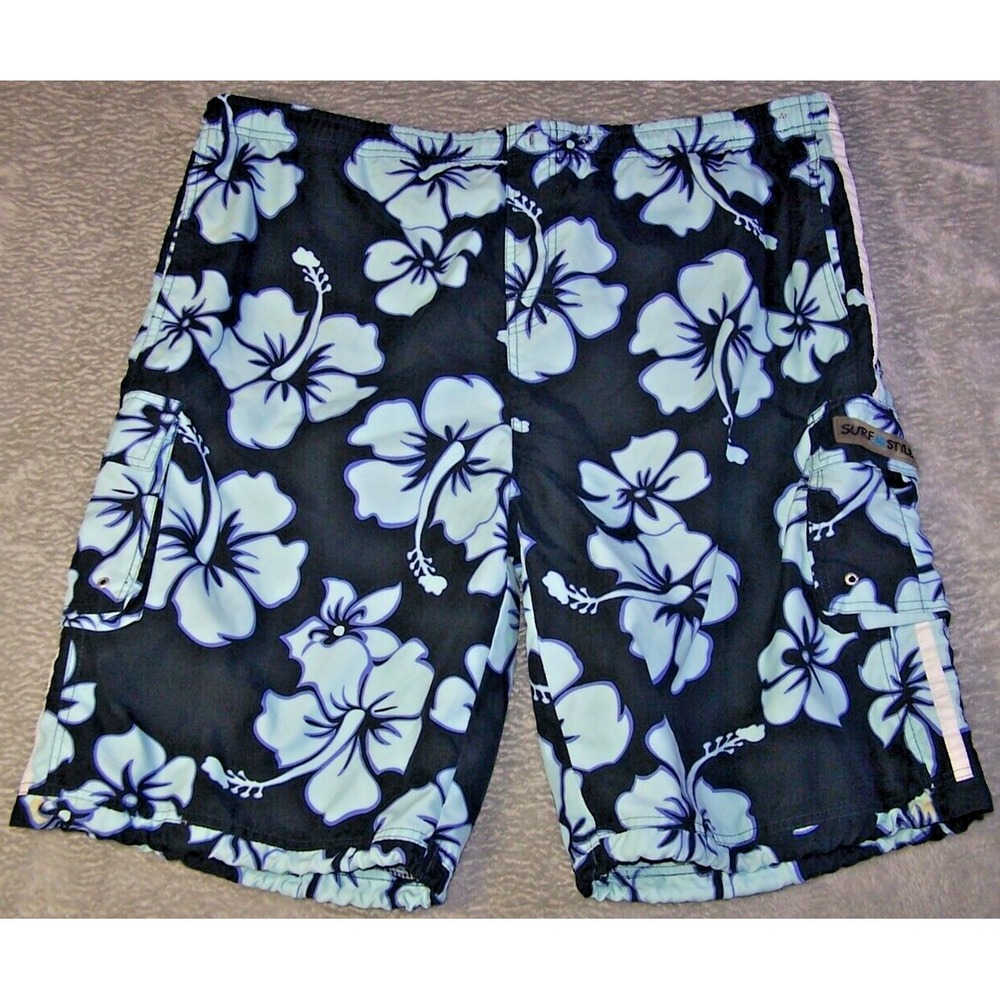 Surf Style Swim Trunks Men's Shorts Drawstring Blue Floral Size‎ 2XL Vintage